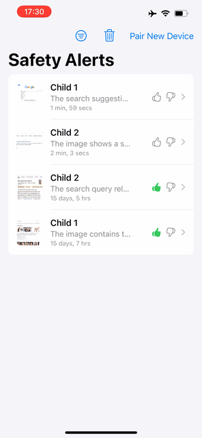 Animated GIF of the WebbyGuard Parent app showing a notification and content feedback options.